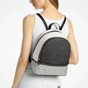 Stylish Michael Kors Rhea Medium Signature Logo Backpack Bag Black White